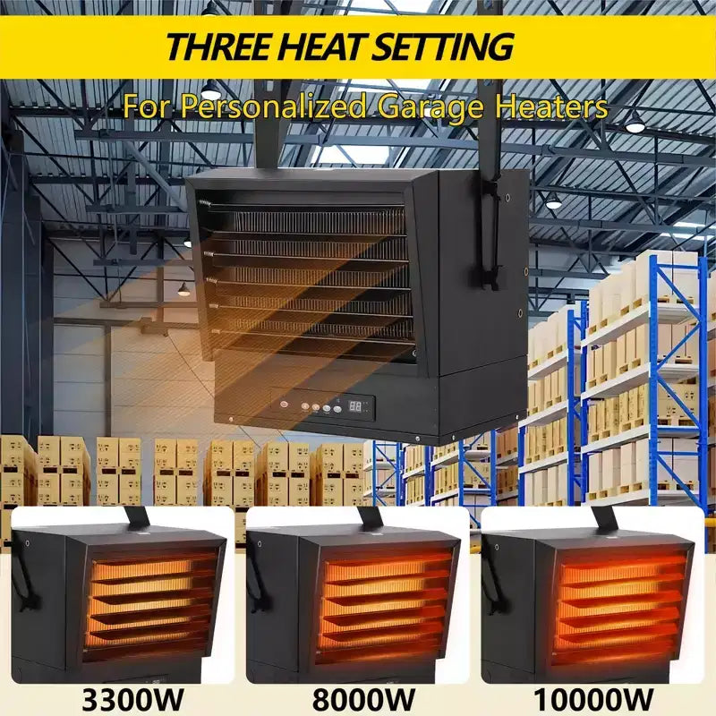 Chauffage de garage électrique 10 000 W, radiateur soufflant numérique 240 V à montage au plafond avec thermostat, télécommande, 3 modes de chauffage et minuterie de 12 heures