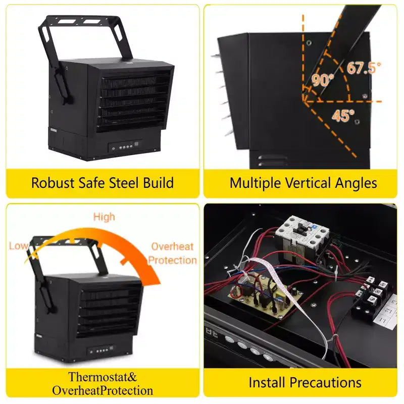 Chauffage de garage électrique 10 000 W, radiateur soufflant numérique 240 V à montage au plafond avec thermostat, télécommande, 3 modes de chauffage et minuterie de 12 heures