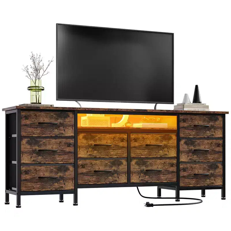 Longue commode de chambre avec 10 tiroirs en tissu, prise de courant et lumière LED, meuble TV pour téléviseurs de 65 à 75 pouces