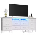 Longue commode de chambre avec 10 tiroirs en tissu, prise de courant et lumière LED, meuble TV pour téléviseurs de 65 à 75 pouces