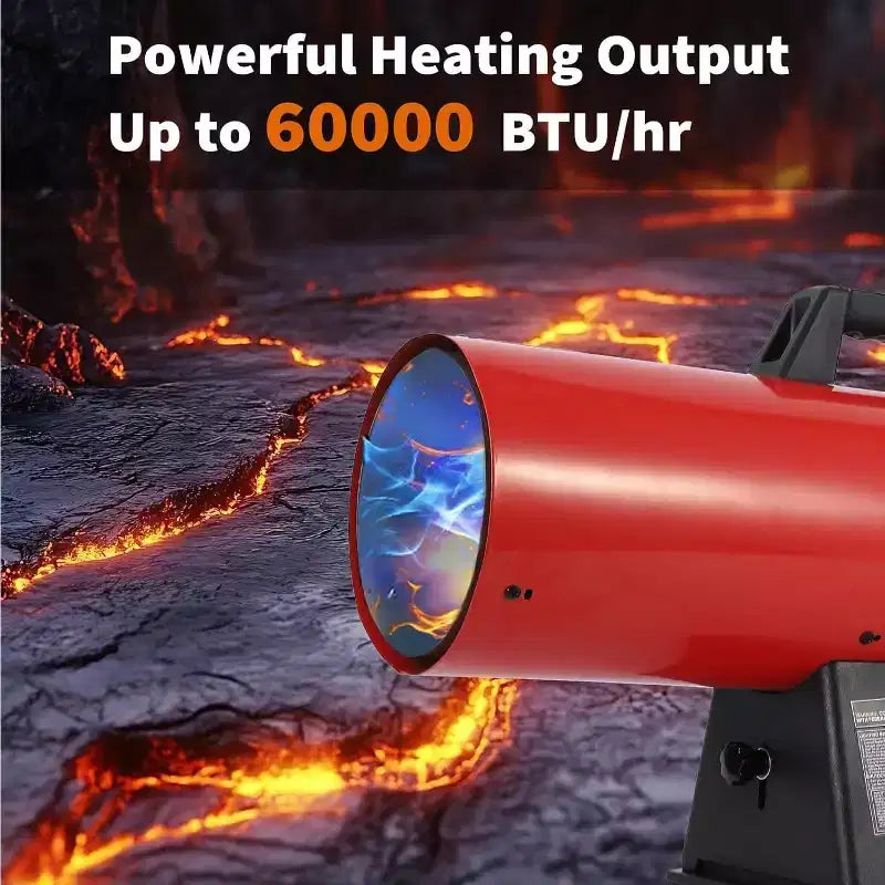 Chauffage au propane à air pulsé de 60 000 BTU avec thermostat, chauffage d'appoint portable, tuyau de 10 pi avec régulateur inclus, idéal pour l'intérieur et l'extérieur