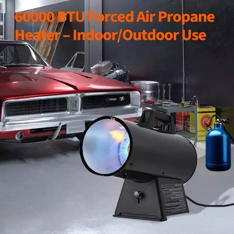 Chauffage au propane à air pulsé de 60 000 BTU avec thermostat, chauffage d'appoint portable, tuyau de 10 pi avec régulateur inclus, idéal pour l'intérieur et l'extérieur