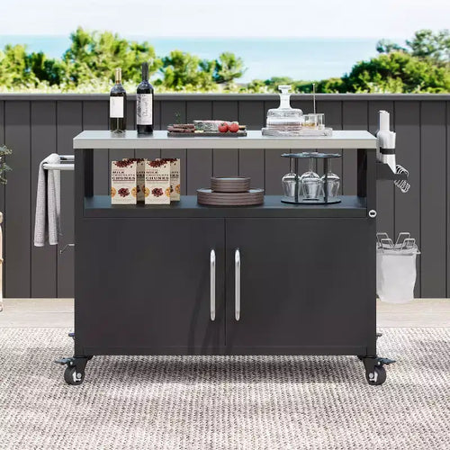Îlot de cuisine d'extérieur de 138,4 cm avec plateau en acier inoxydable, chariot de bar d'extérieur avec 4 roulettes verrouillables pour barbecue extérieur