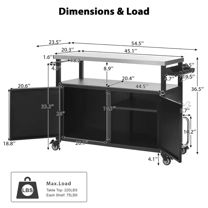 Îlot de cuisine d'extérieur de 138,4 cm avec plateau en acier inoxydable, chariot de bar d'extérieur avec 4 roulettes verrouillables pour barbecue extérieur