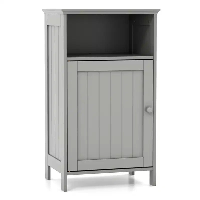 Meuble de Rangement Salle de Bain Costway Armoire Basse avec Porte Simple, Compartiment Ouvert et Étagère Réglable sur 3 Niveaux Blanc/Gris