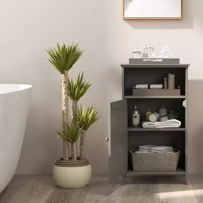 Meuble de Rangement Salle de Bain Costway Armoire Basse avec Porte Simple, Compartiment Ouvert et Étagère Réglable sur 3 Niveaux Blanc/Gris