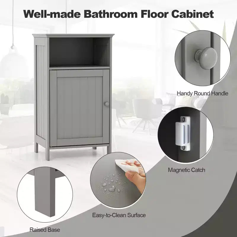 Meuble de Rangement Salle de Bain Costway Armoire Basse avec Porte Simple, Compartiment Ouvert et Étagère Réglable sur 3 Niveaux Blanc/Gris