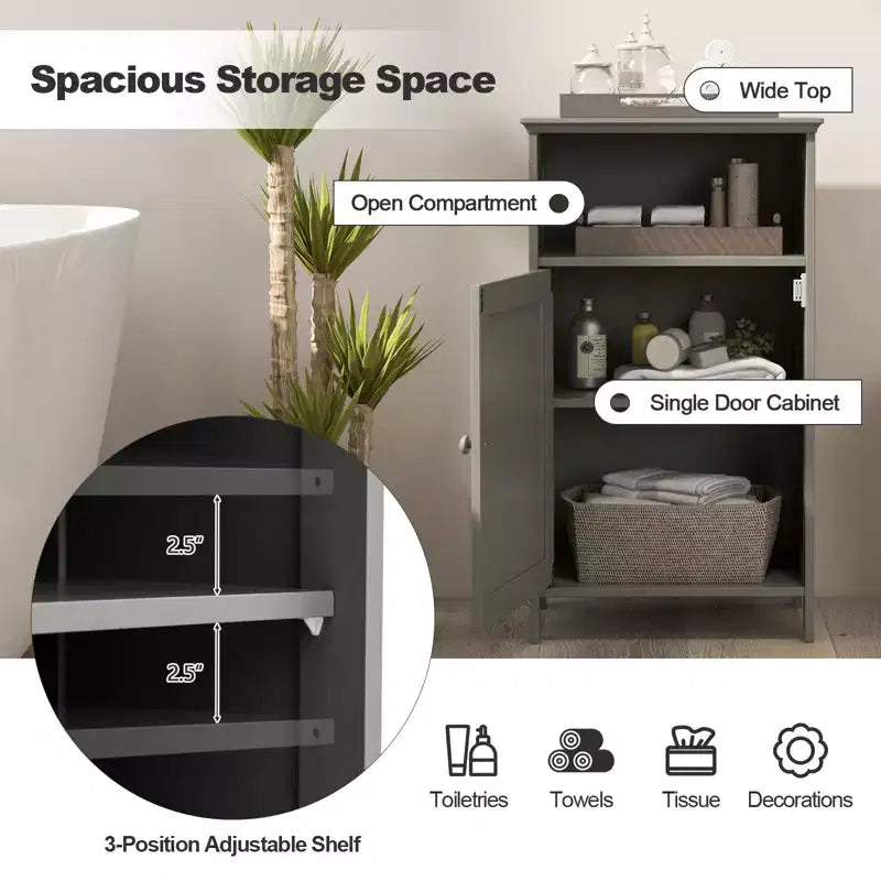 Meuble de Rangement Salle de Bain Costway Armoire Basse avec Porte Simple, Compartiment Ouvert et Étagère Réglable sur 3 Niveaux Blanc/Gris