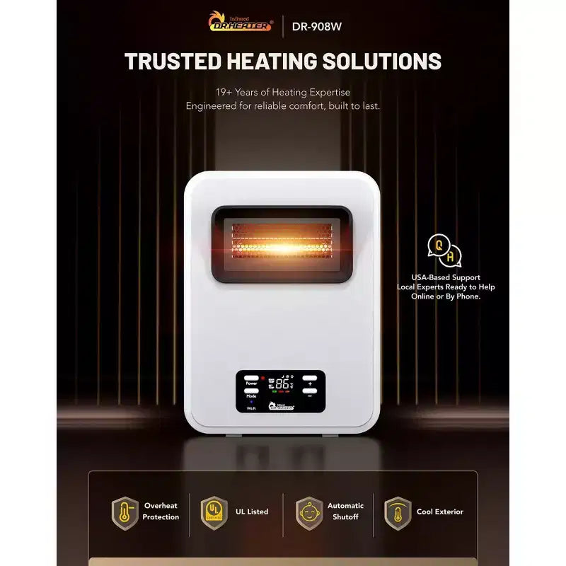 Radiateur infrarouge électrique DR. INFRARED HEATER DR-908W avec WiFi, système à double chauffage écoénergétique, 1500 W, montage mural bidirectionnel ou autoportant, blanc