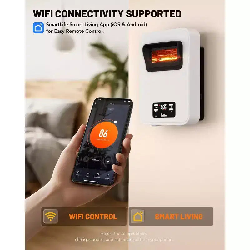 Radiateur infrarouge électrique DR. INFRARED HEATER DR-908W avec WiFi, système à double chauffage écoénergétique, 1500 W, montage mural bidirectionnel ou autoportant, blanc