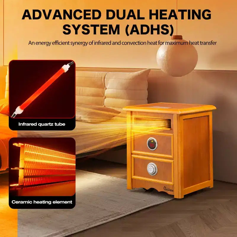 CHAUFFAGE INFRAROUGE PORTABLE DR. INFRARED HEATER DR-999 avec design table de chevet, meuble de qualité ébénisterie, télécommande, 1500 W, cerisier