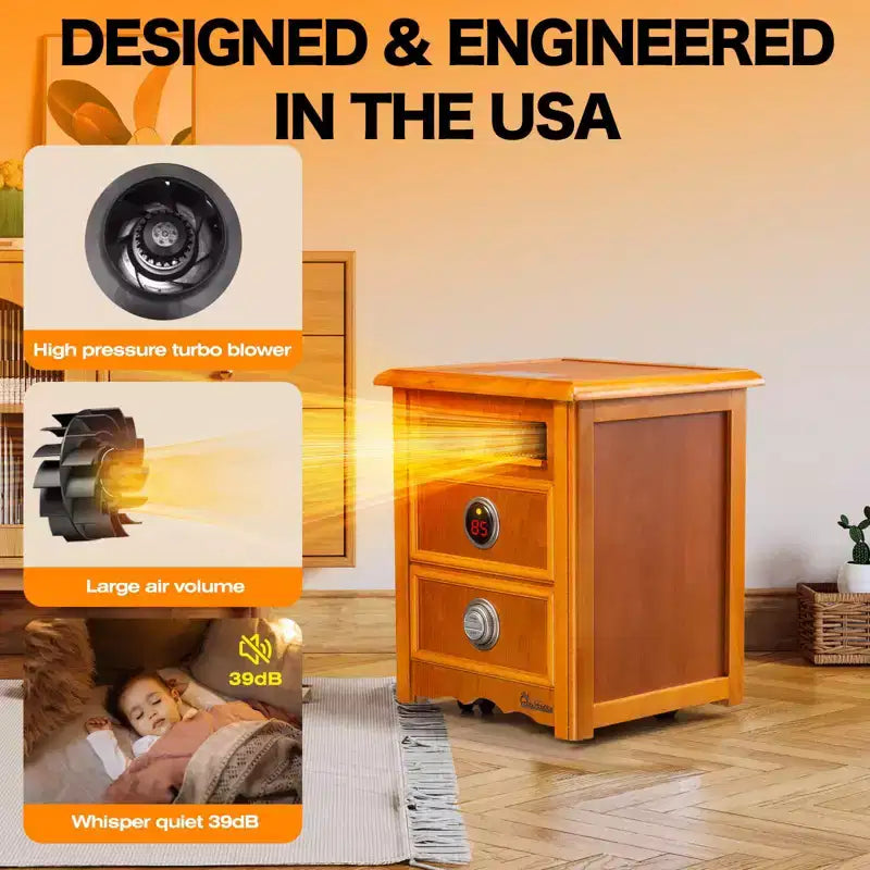CHAUFFAGE INFRAROUGE PORTABLE DR. INFRARED HEATER DR-999 avec design table de chevet, meuble de qualité ébénisterie, télécommande, 1500 W, cerisier