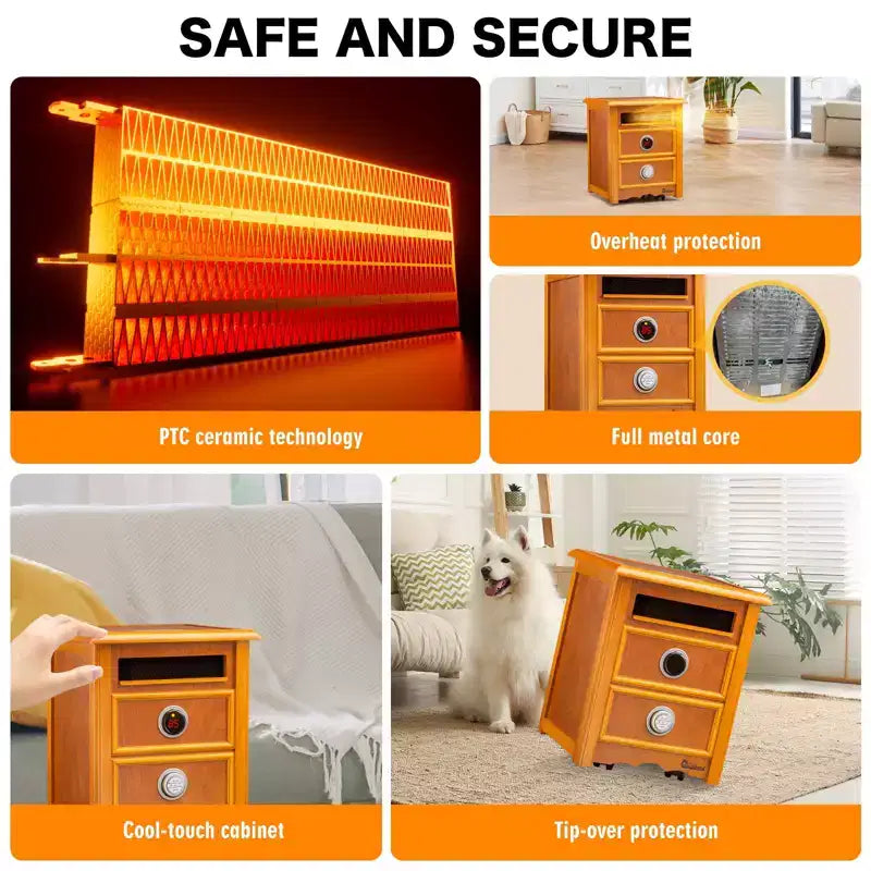 CHAUFFAGE INFRAROUGE PORTABLE DR. INFRARED HEATER DR-999 avec design table de chevet, meuble de qualité ébénisterie, télécommande, 1500 W, cerisier