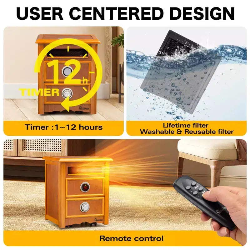 CHAUFFAGE INFRAROUGE PORTABLE DR. INFRARED HEATER DR-999 avec design table de chevet, meuble de qualité ébénisterie, télécommande, 1500 W, cerisier