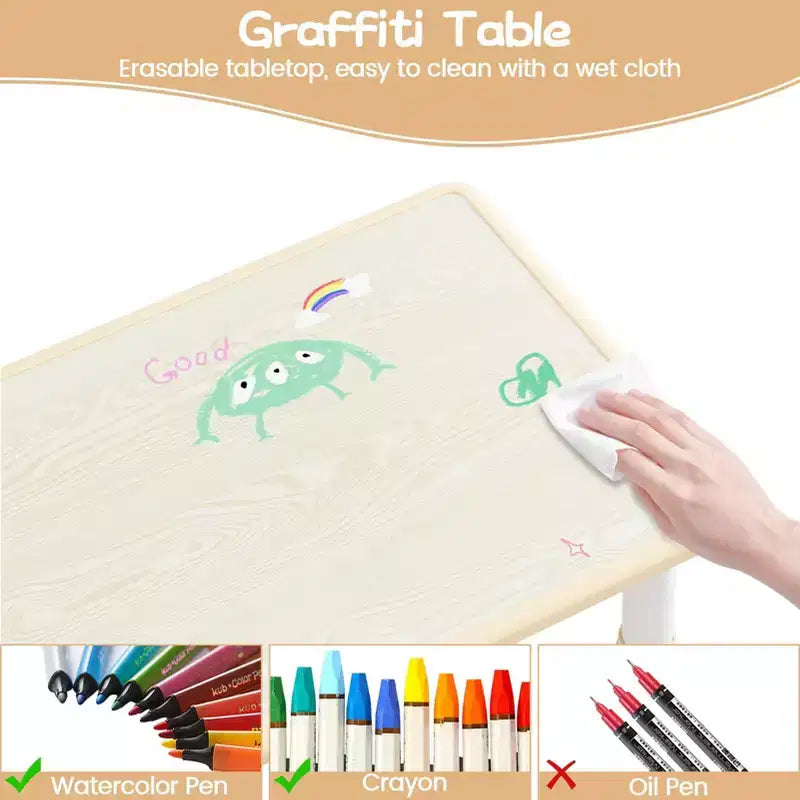 Table et 2 chaises réglables en hauteur pour enfants - Plateau graffiti, design antidérapant - Parfait pour les tout-petits en garderie à domicile et en maternelle