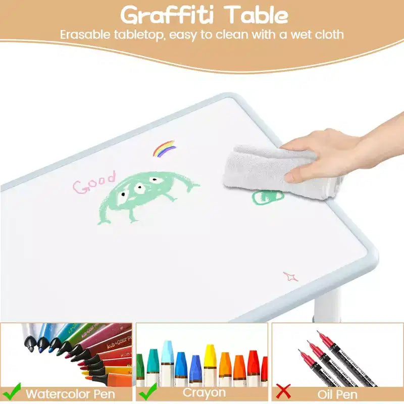 Table et 2 chaises réglables en hauteur pour enfants - Plateau graffiti, design antidérapant - Parfait pour les tout-petits en garderie à domicile et en maternelle