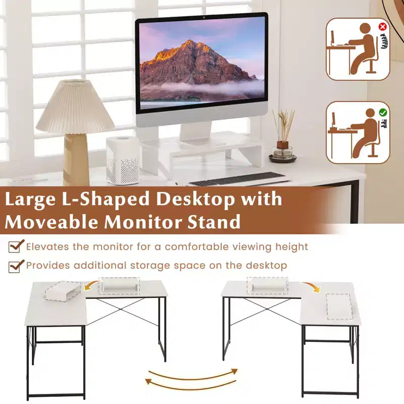 Costway Bureau d'angle en forme de L avec prises de courant, 241 cm de long, pour 2 personnes, avec étagère pour écran, bureau d'angle moderne, table de jeu avec ports USB, blanc