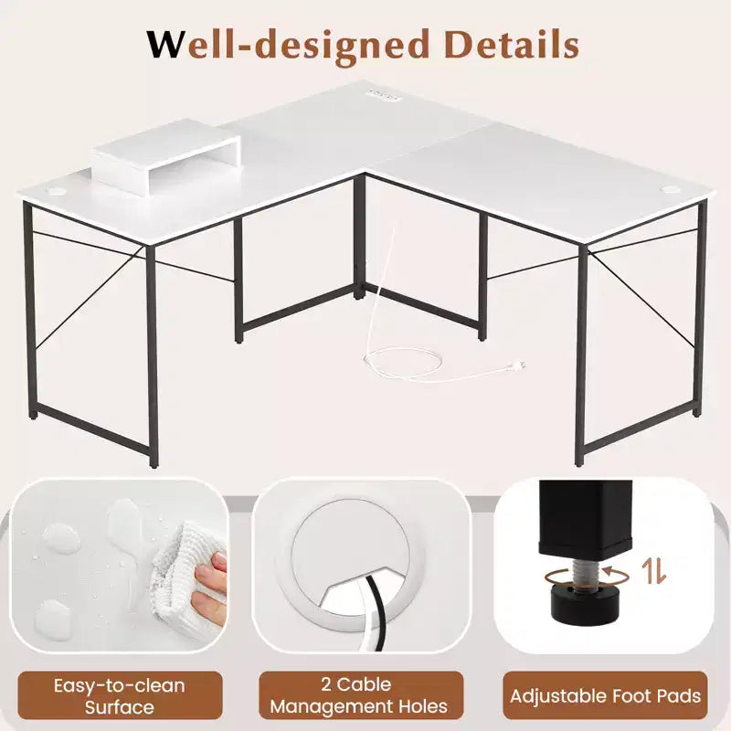 Costway Bureau d'angle en forme de L avec prises de courant, 241 cm de long, pour 2 personnes, avec étagère pour écran, bureau d'angle moderne, table de jeu avec ports USB, blanc