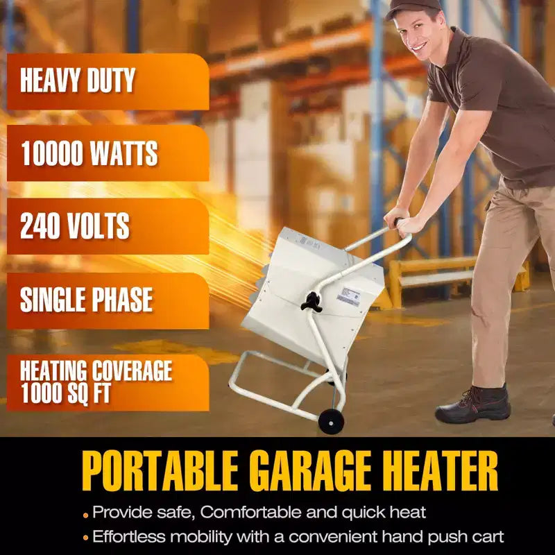 CHAUFFAGE À INFRAROUGE DR-910M, 240V 10000W, Chauffage industriel robuste à câblage fixe pour atelier et garage avec chariot et thermostat réglable, Blanc