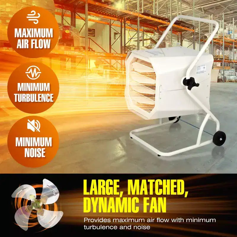 CHAUFFAGE À INFRAROUGE DR-910M, 240V 10000W, Chauffage industriel robuste à câblage fixe pour atelier et garage avec chariot et thermostat réglable, Blanc
