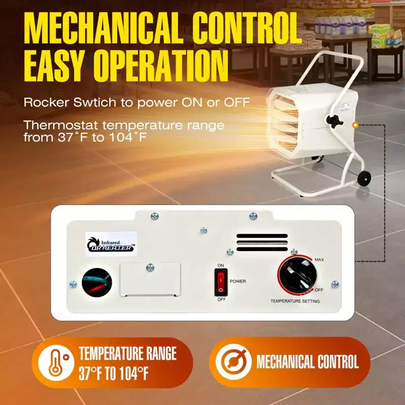 CHAUFFAGE À INFRAROUGE DR-910M, 240V 10000W, Chauffage industriel robuste à câblage fixe pour atelier et garage avec chariot et thermostat réglable, Blanc