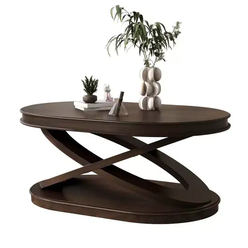 31,5 Table Basse Ovale Moderne avec Base en X, Table Centrale de Canapé Minimaliste en Placage Bois pour Salon ou Bureau à Domicile-Panipeachy