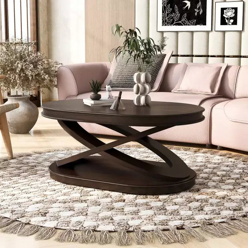 31,5 Table Basse Ovale Moderne avec Base en X, Table Centrale de Canapé Minimaliste en Placage Bois pour Salon ou Bureau à Domicile-Panipeachy