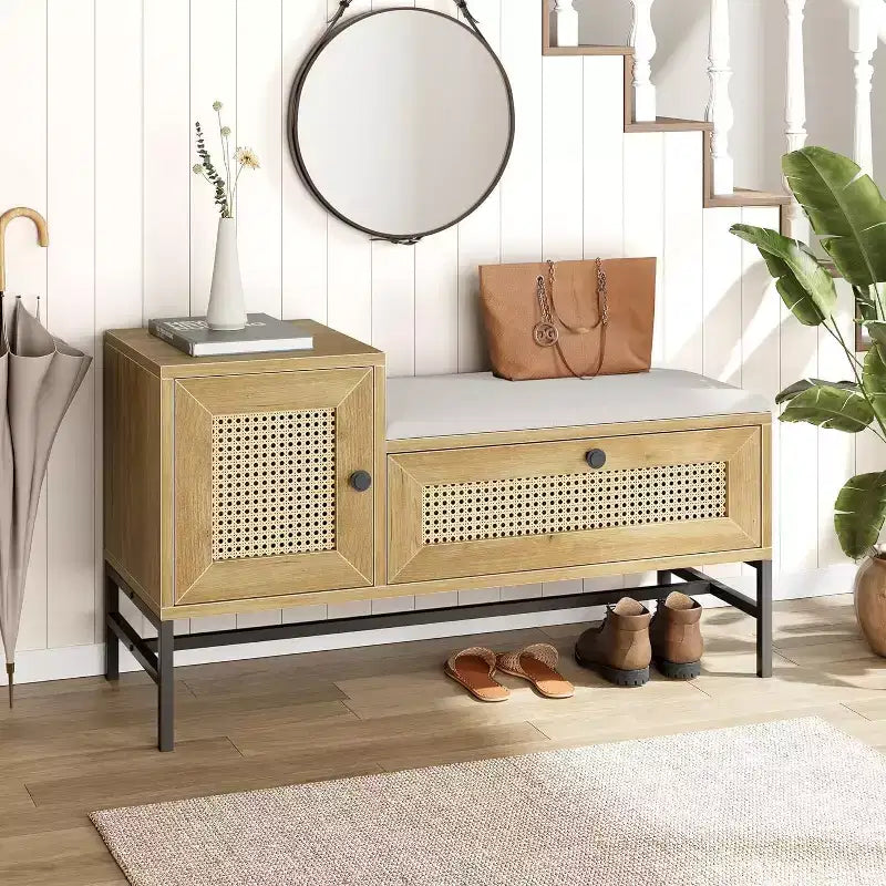 Banc à chaussures en rotin avec rangement, banc d'entrée avec tiroir à abattant, banc de rangement à chaussures pour couloir et chambre à coucher