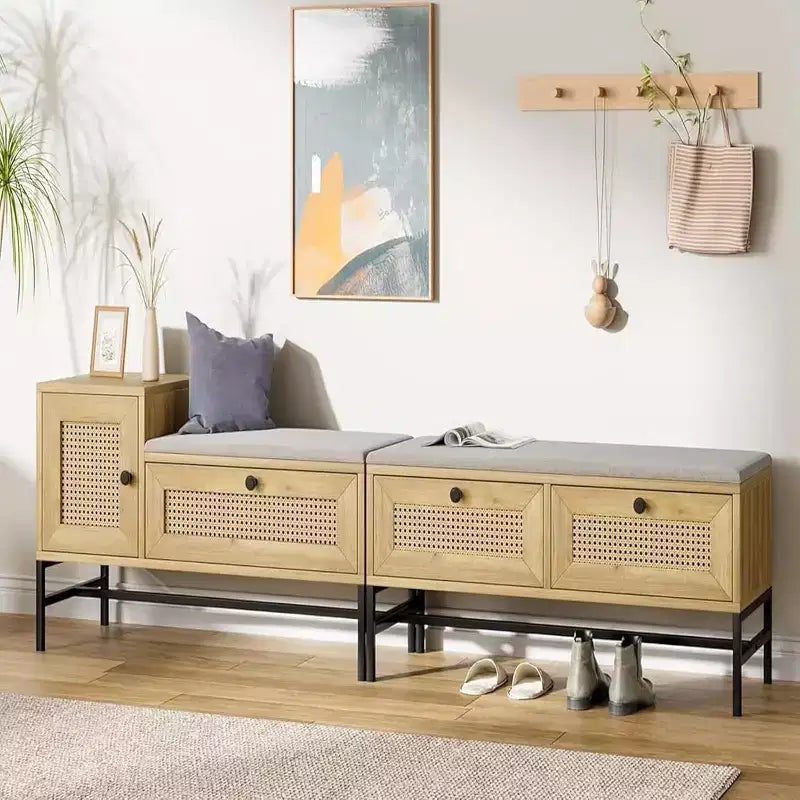 Banc à chaussures en rotin avec rangement, banc d'entrée avec tiroir à abattant, banc de rangement à chaussures pour couloir et chambre à coucher