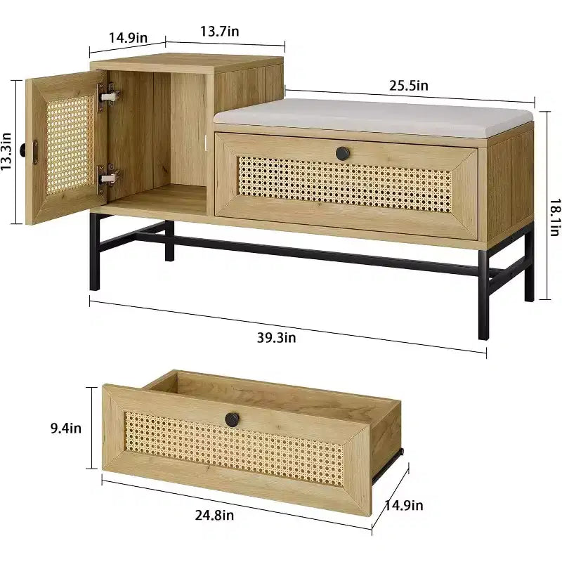 Banc à chaussures en rotin avec rangement, banc d'entrée avec tiroir à abattant, banc de rangement à chaussures pour couloir et chambre à coucher