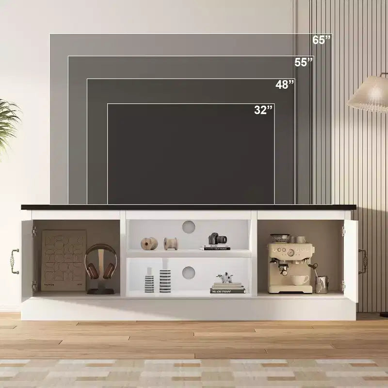 Meuble TV moderne et minimaliste, pour téléviseurs jusqu'à 65 pouces, console de centre de divertissement avec armoires de rangement et étagères pour salon