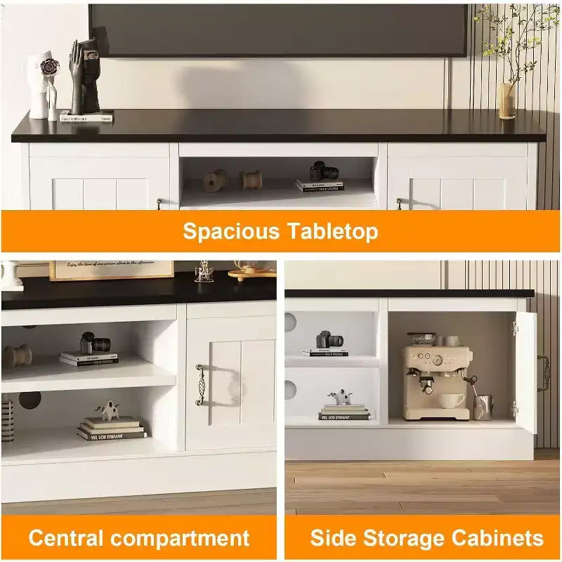 Meuble TV moderne et minimaliste, pour téléviseurs jusqu'à 65 pouces, console de centre de divertissement avec armoires de rangement et étagères pour salon