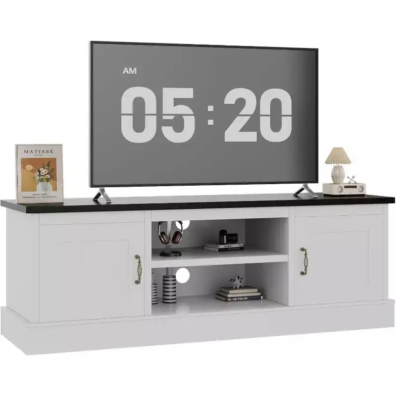 Meuble TV moderne et minimaliste, pour téléviseurs jusqu'à 65 pouces, console de centre de divertissement avec armoires de rangement et étagères pour salon