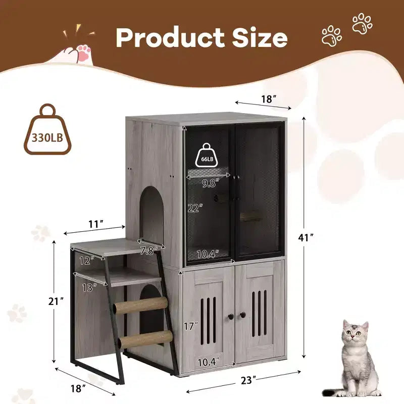 Meuble de litière pour chat, cache-litière 2-en-1 – Meuble de rangement double couche pour chat avec échelle amovible, poteaux à griffer et portes