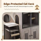 Meuble de litière pour chat, cache-litière 2-en-1 – Meuble de rangement double couche pour chat avec échelle amovible, poteaux à griffer et portes
