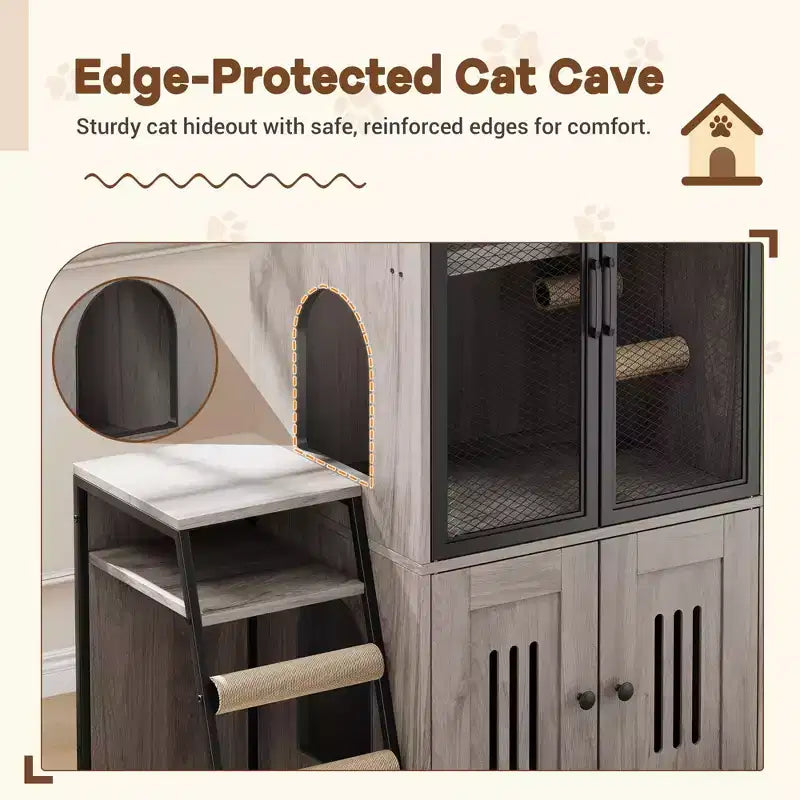 Meuble de litière pour chat, cache-litière 2-en-1 – Meuble de rangement double couche pour chat avec échelle amovible, poteaux à griffer et portes