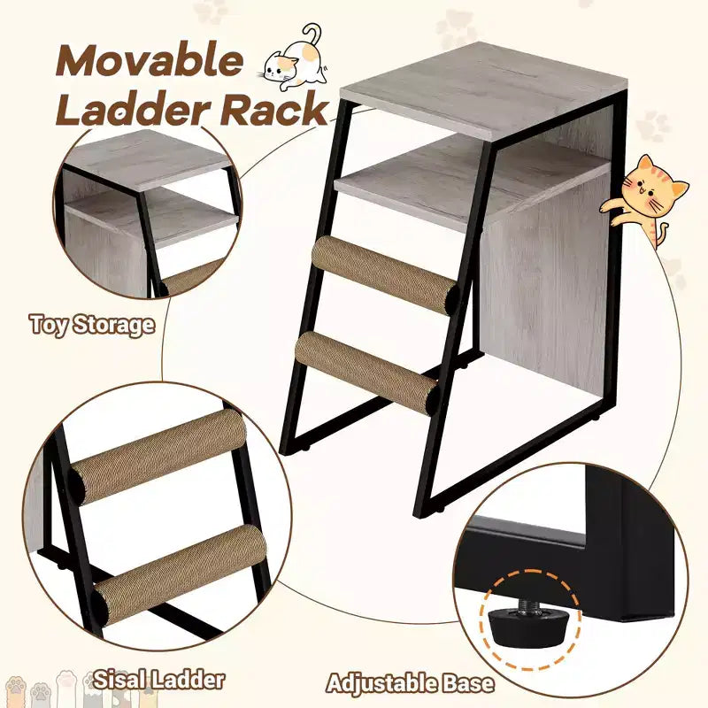 Meuble de litière pour chat, cache-litière 2-en-1 – Meuble de rangement double couche pour chat avec échelle amovible, poteaux à griffer et portes