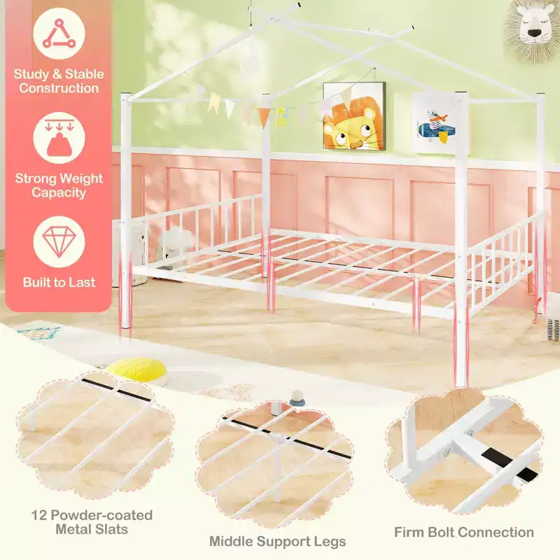 Lit cabane en métal pleine taille Costway avec 2 tiroirs en tissu Lit plateforme robuste