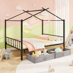 Costway Full Size Metal House Bed w/ 2 Fabric Drawers Heavy-Duty Platform Bed