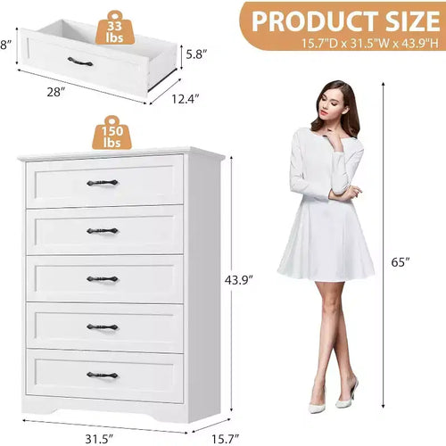 Commode à 5 tiroirs, blanche, rangement robuste, tiroirs à coulissement doux, pour chambre à coucher et chambre d'amis