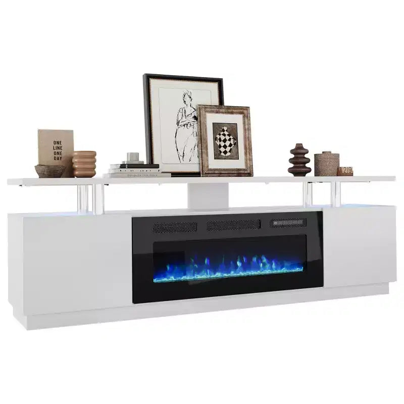 Meuble TV avec cheminée de 70 po et foyer de 36 po, centre de divertissement, console TV à 2 niveaux avec armoire de rangement, radiateur à foyer électrique