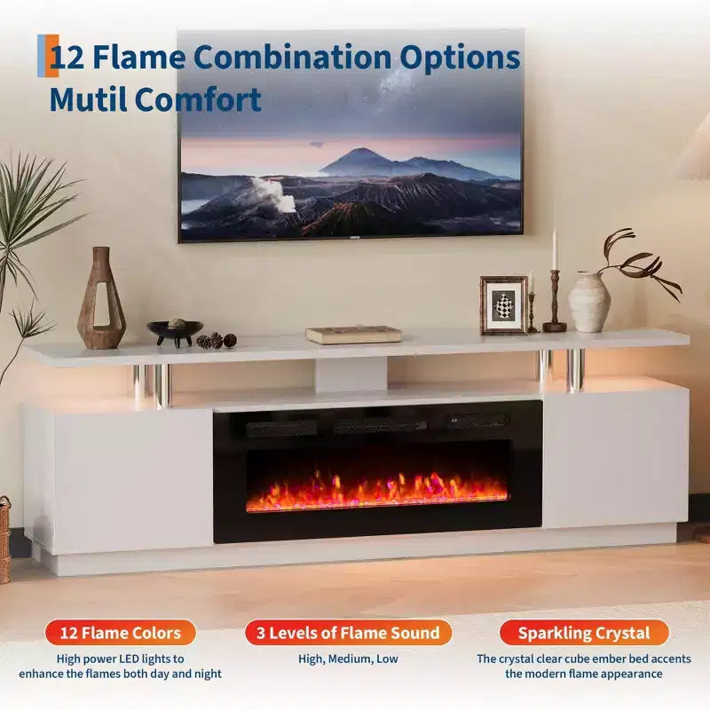 Meuble TV avec cheminée de 70 po et foyer de 36 po, centre de divertissement, console TV à 2 niveaux avec armoire de rangement, radiateur à foyer électrique