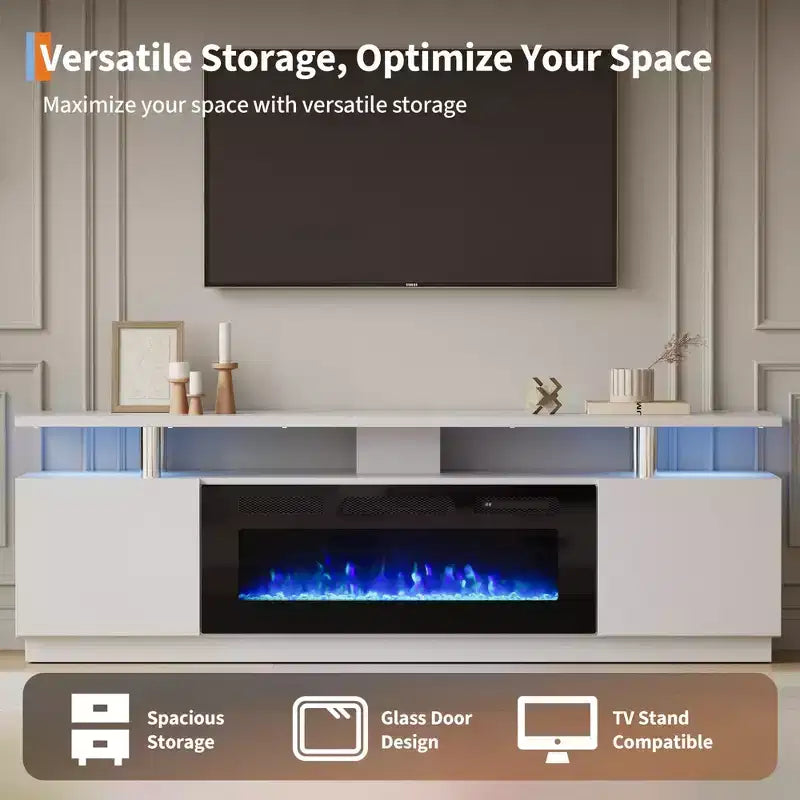 Meuble TV avec cheminée de 70 po et foyer de 36 po, centre de divertissement, console TV à 2 niveaux avec armoire de rangement, radiateur à foyer électrique