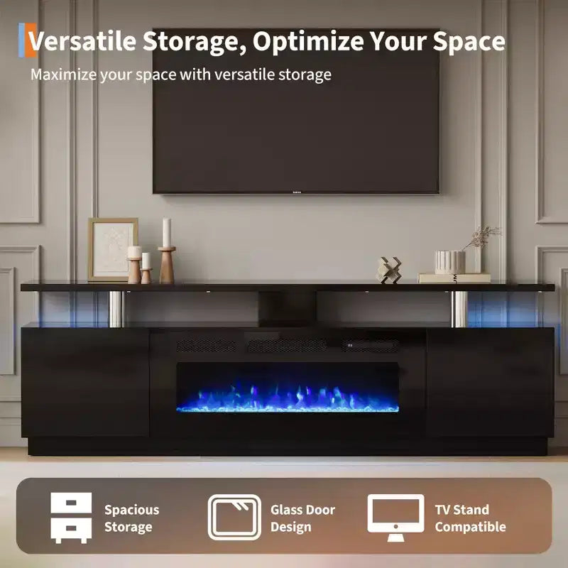 Meuble TV avec cheminée de 70 po et foyer de 36 po, centre de divertissement, console TV à 2 niveaux avec armoire de rangement, radiateur à foyer électrique