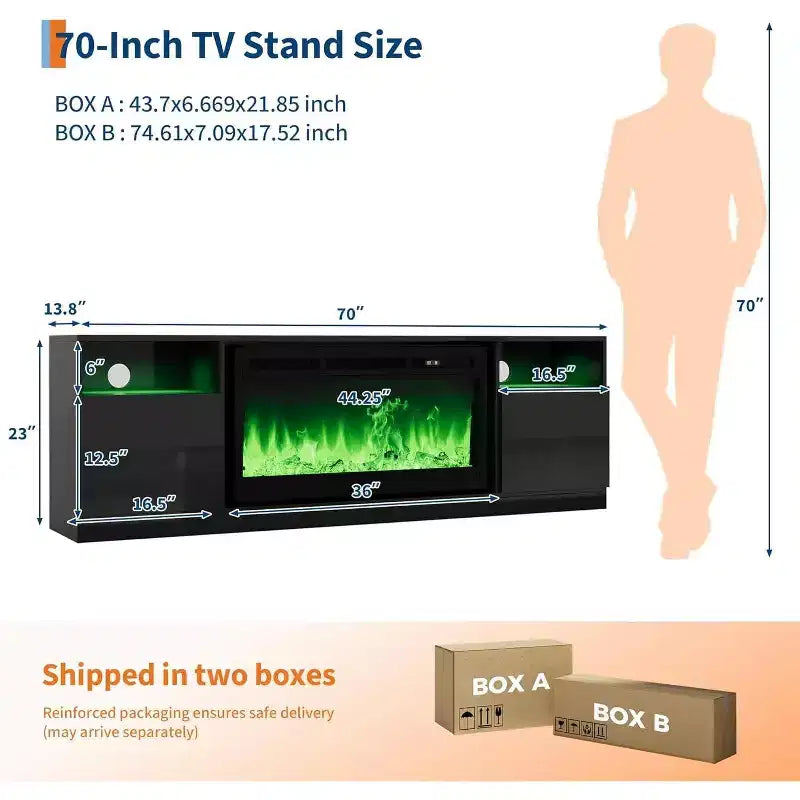 Meuble TV avec cheminée électrique 36 pouces pour téléviseur 70 pouces, 12 couleurs, température réglable 62-82°F, centre de divertissement brillant pour téléviseurs jusqu'à 80 pouces