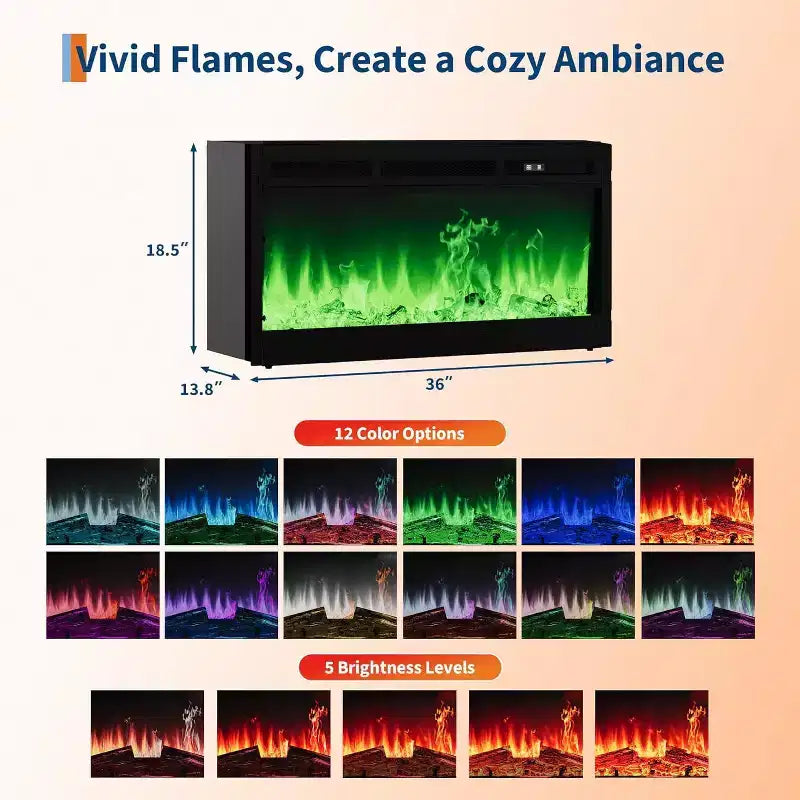 Meuble TV avec cheminée électrique 36 pouces pour téléviseur 70 pouces, 12 couleurs, température réglable 62-82°F, centre de divertissement brillant pour téléviseurs jusqu'à 80 pouces