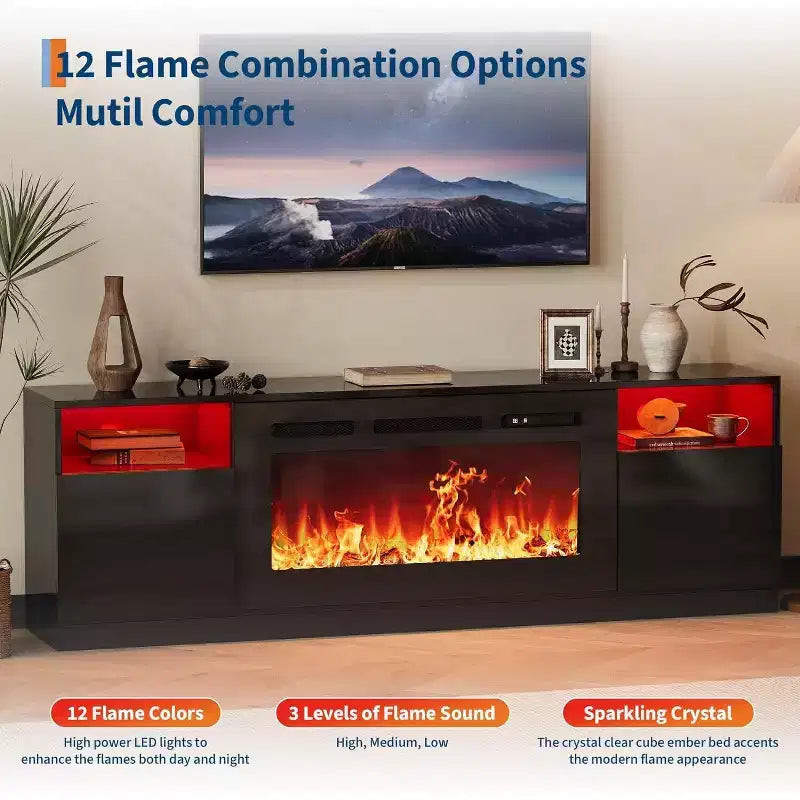 Meuble TV avec cheminée électrique 36 pouces pour téléviseur 70 pouces, 12 couleurs, température réglable 62-82°F, centre de divertissement brillant pour téléviseurs jusqu'à 80 pouces