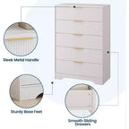 Commode à 5 tiroirs cannelés de 119 cm de hauteur avec poignées dorées, armoire de rangement au fini ton bois pour chambre, placard et entrée, organisateur multi-usage