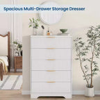 Commode à 5 tiroirs cannelés de 119 cm de hauteur avec poignées dorées, armoire de rangement au fini ton bois pour chambre, placard et entrée, organisateur multi-usage