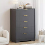 Commode à 5 tiroirs cannelés de 119 cm de hauteur avec poignées dorées, armoire de rangement au fini ton bois pour chambre, placard et entrée, organisateur multi-usage
